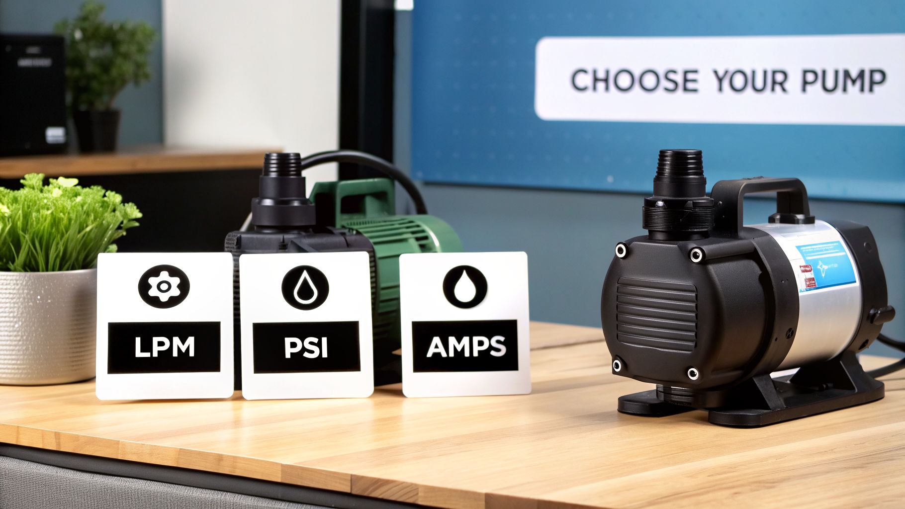 Two water pumps displayed on a wooden table with signs for LPM, PSI, and AMPS measurements, aiding pump selection.