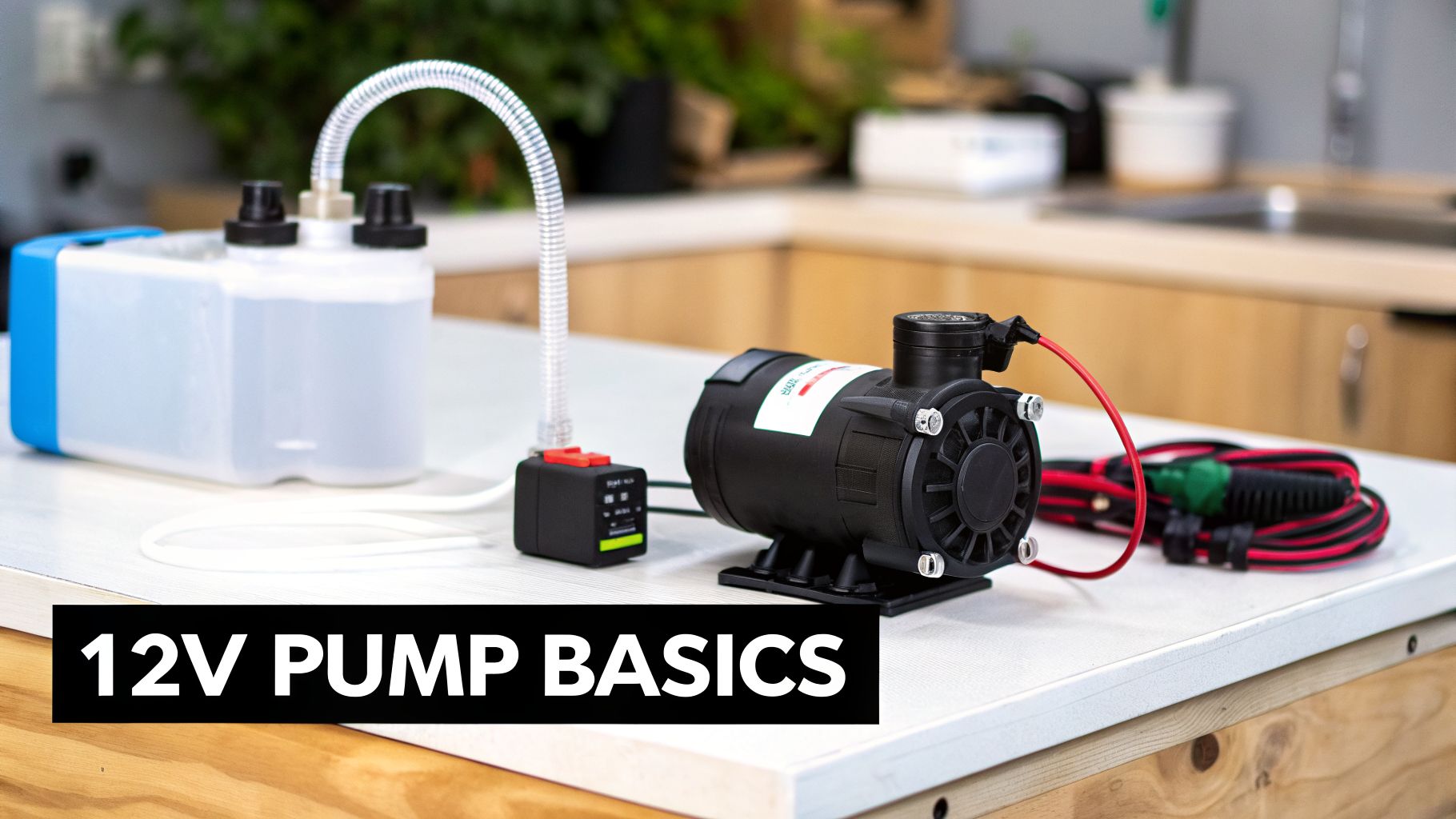 A 12V water pump system, including a clear tank, pump, and wiring, on a light table.