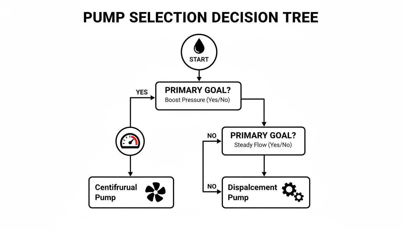 A pump selection decision tree flowchart for choosing between centrifugal and displacement pumps.