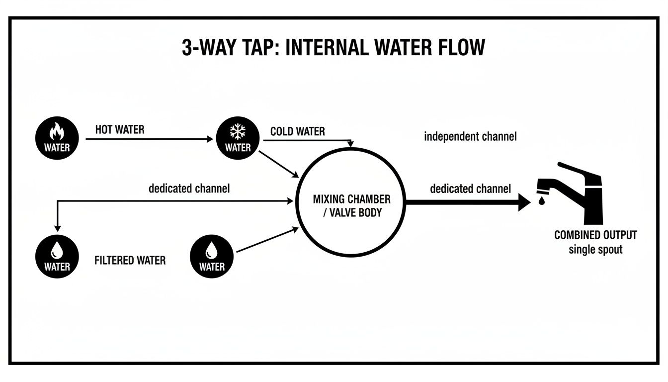 Diagram illustrating the internal water flow of a 3-way tap, showing paths for hot, cold, and filtered water.