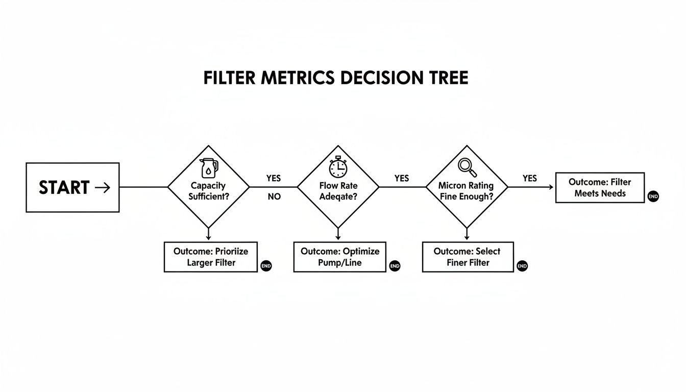 A decision tree flowchart outlining filter metrics: capacity, flow rate, and micron rating for selection.