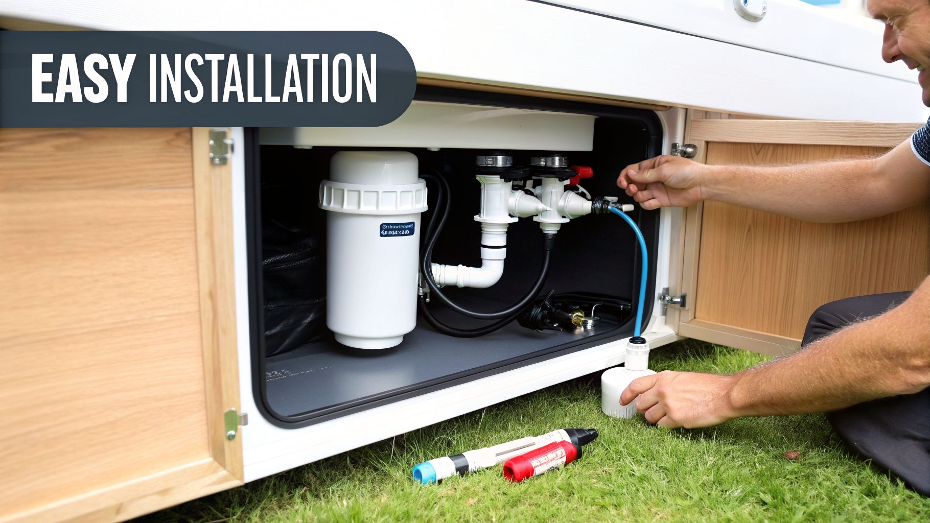 Man easily installing a white water filter and plumbing system inside a caravan or RV compartment.