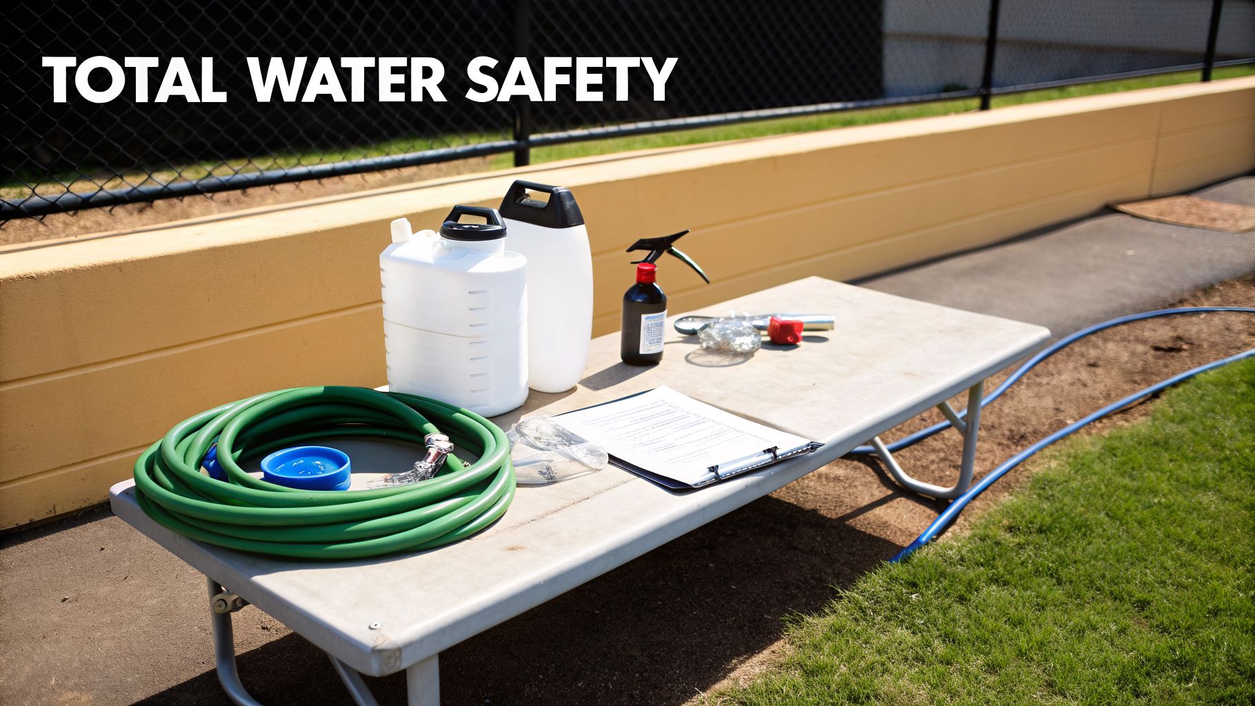 Outdoor table with various water safety equipment, including containers, a hose, a spray bottle, and documents.