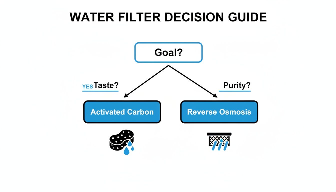 A water filter decision guide flowchart illustrates choices for improving taste with activated carbon or achieving purity with reverse osmosis.