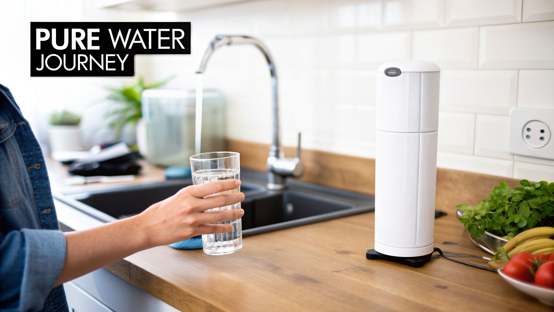A person fills a glass of water in a kitchen, showcasing a white water filtration device on the counter.