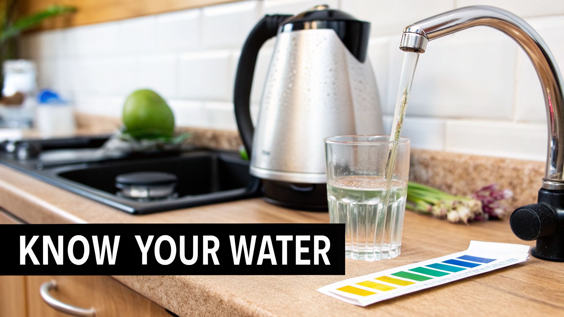 Water from a kitchen faucet fills a glass on a counter next to a pH test strip and a kettle.