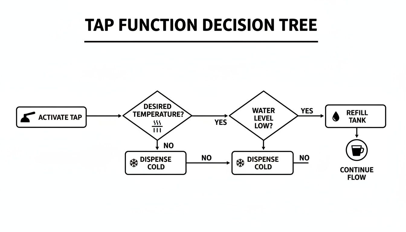 A flowchart showing the tap function decision tree, from activation to water dispensing.