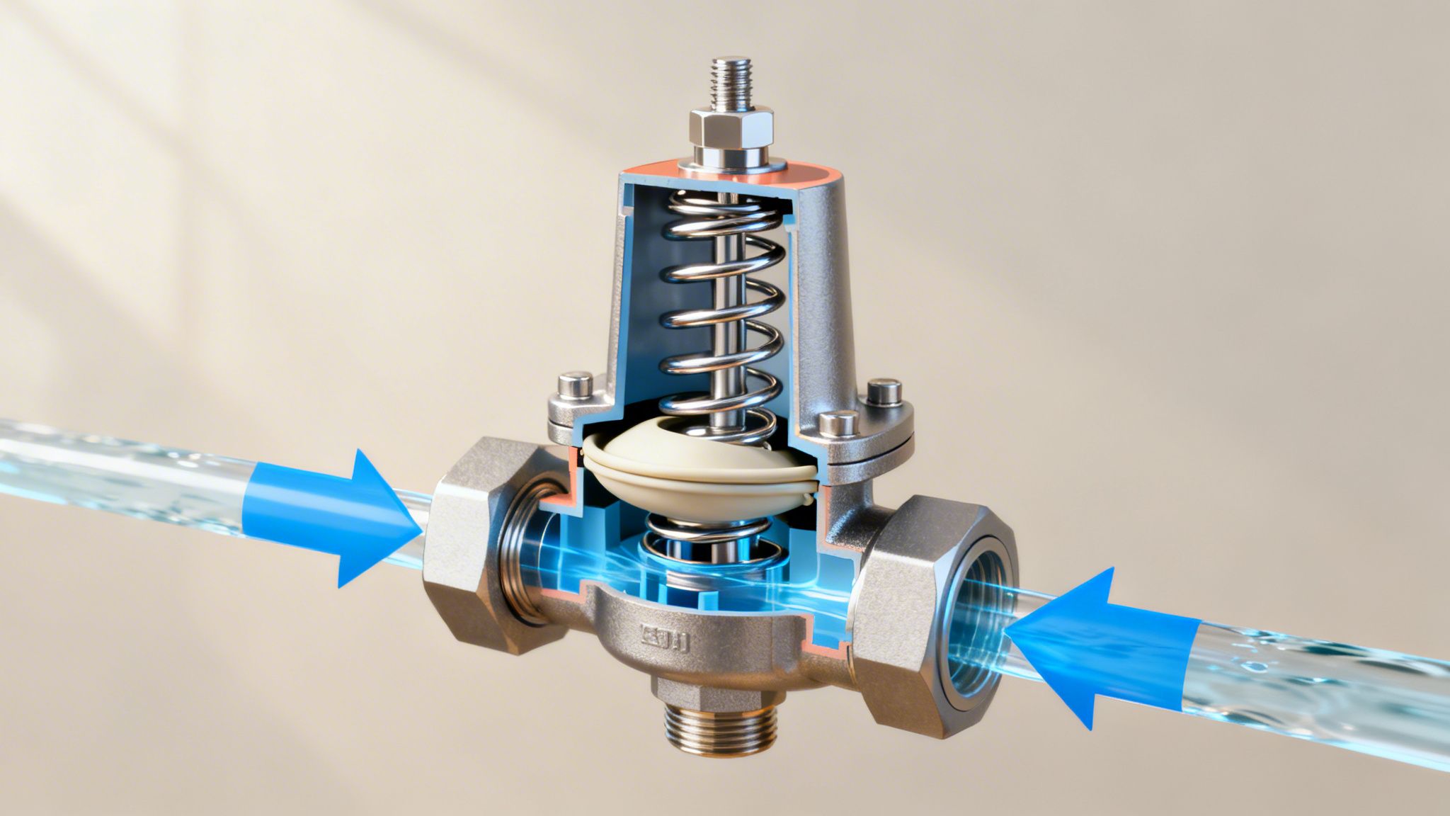 Cutaway view of a pressure limiting valve, showing internal components and fluid flow with blue arrows.
