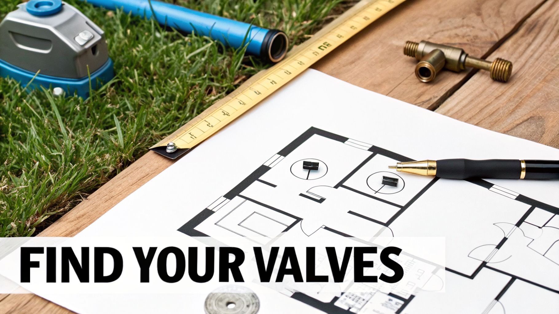A house blueprint with marked valve locations, pen, measuring tape, and plumbing tools.