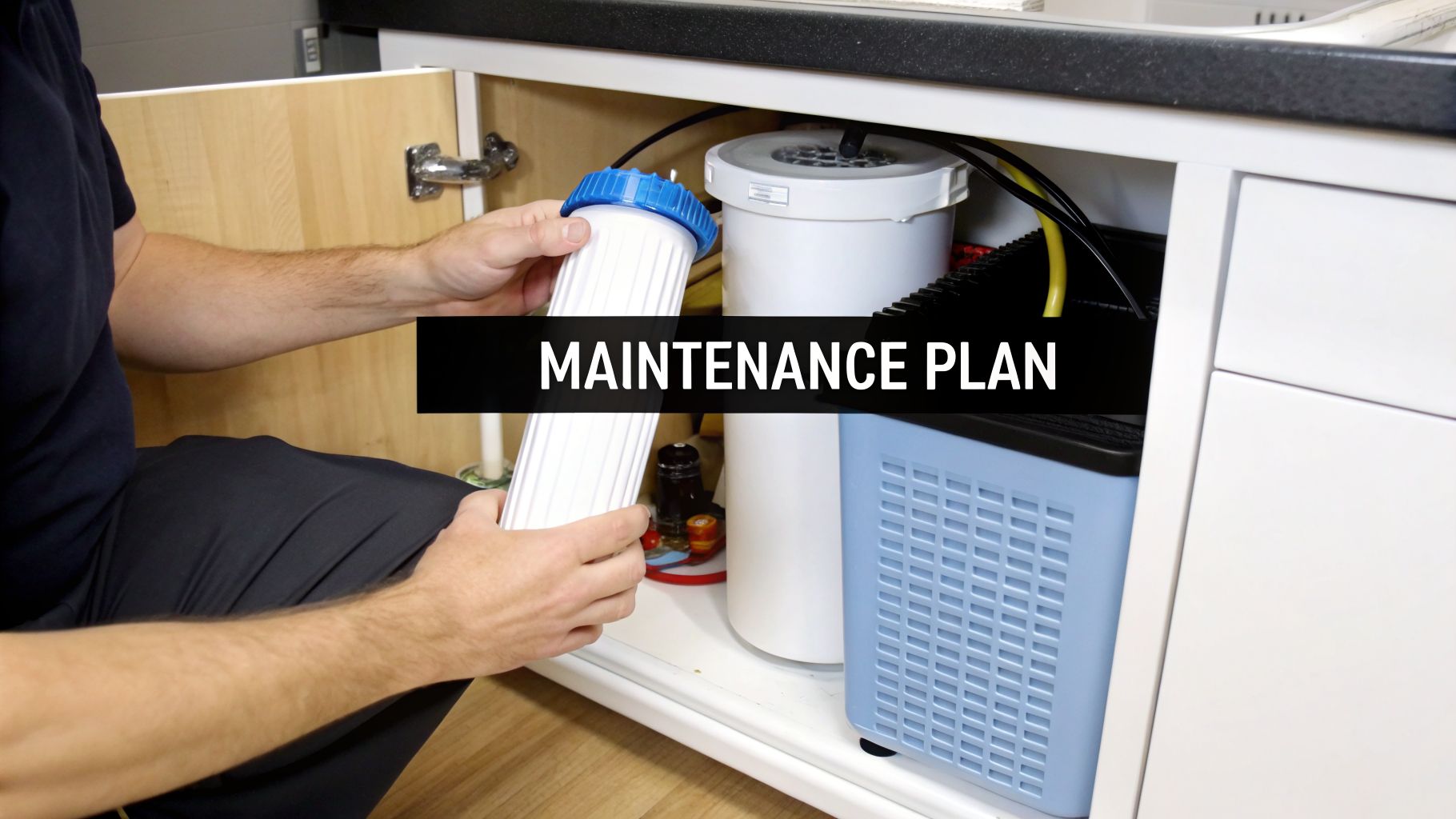 A person is installing a new water filter cartridge into an under-sink water filtration system.