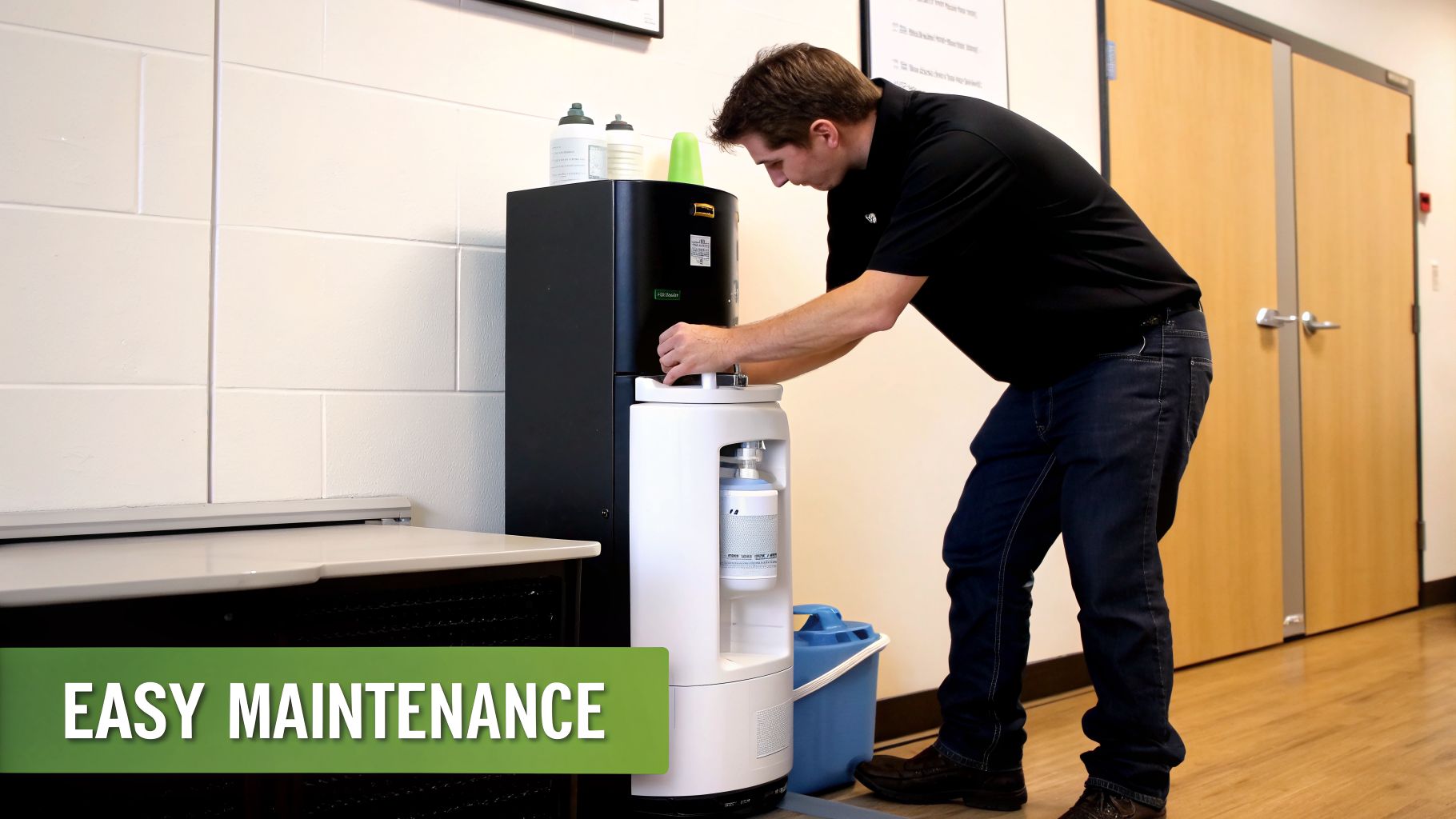 A man performs easy maintenance on a modern office water dispenser, changing a filter.