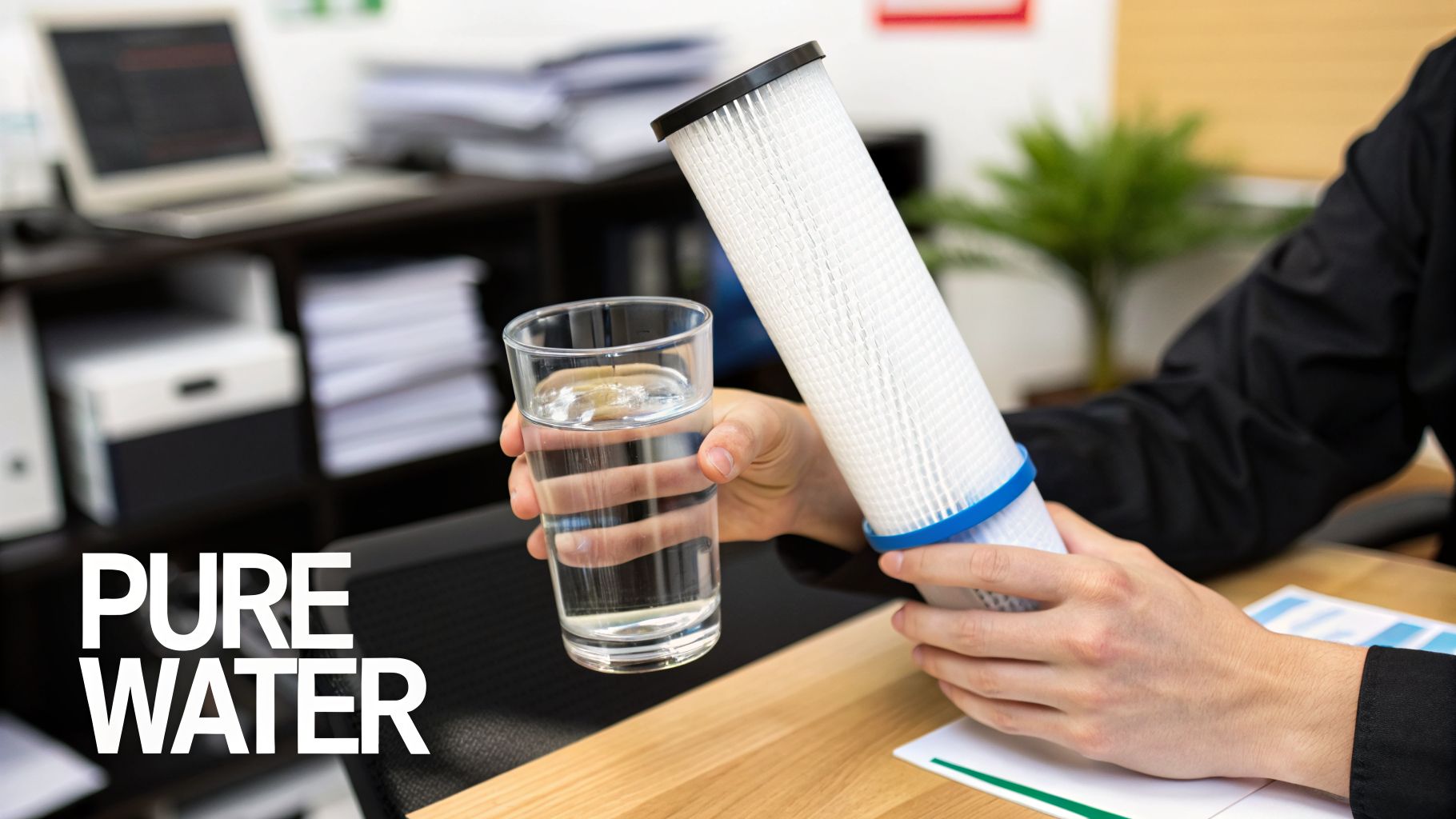 A person holds a glass of pure water and a new water filter in an office setting.