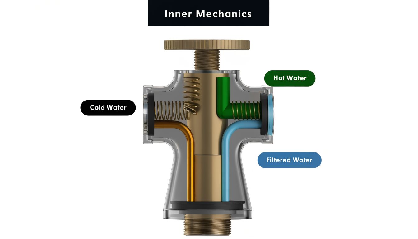 A cross-section illustration showing the internal mechanics and water paths of a three-way kitchen mixer tap.