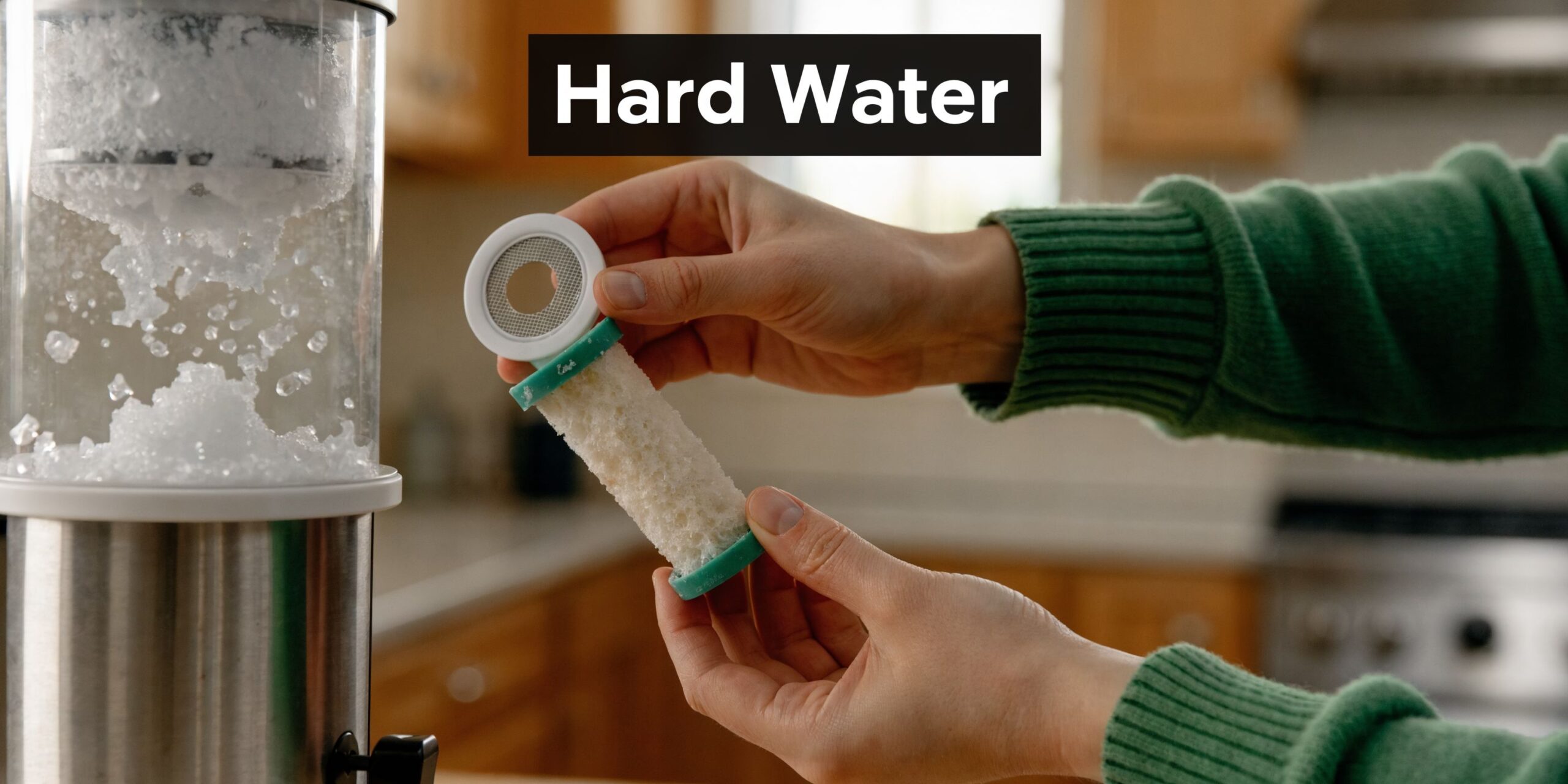 A person holding a mineral-encrusted water filter in front of an ice-filled dispenser in a kitchen.