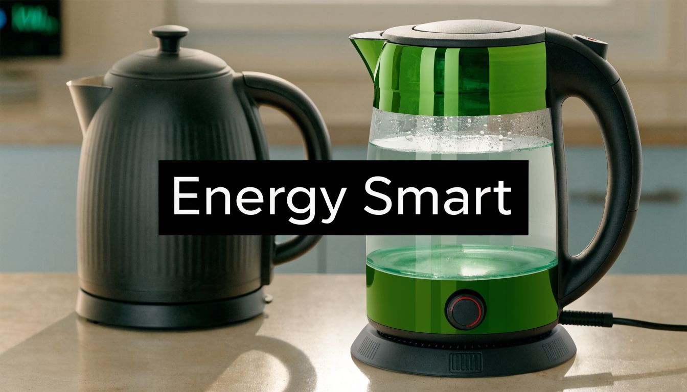 A black kettle and a green glass electric kettle sitting on a kitchen counter for energy efficiency.
