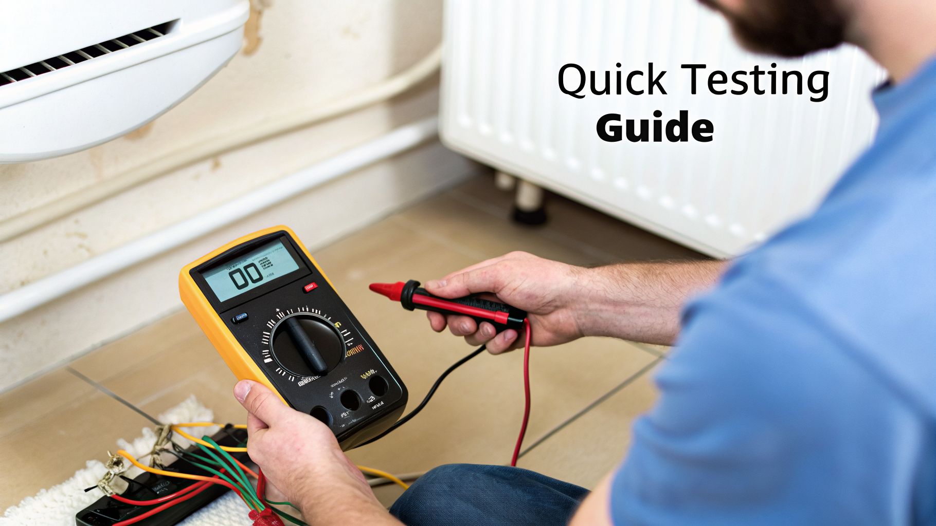 A technician uses a digital multimeter to test electrical wiring near a white radiator.
