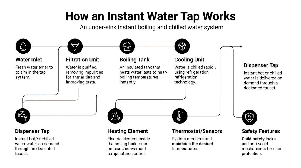 A diagram illustrating how an under-sink instant boiling and chilled water tap system works step by step.