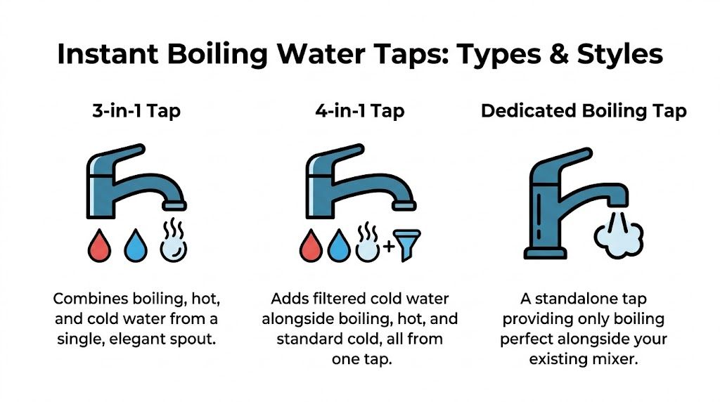 An infographic showing the three types of instant boiling water taps including 3-in-1, 4-in-1, and dedicated taps.