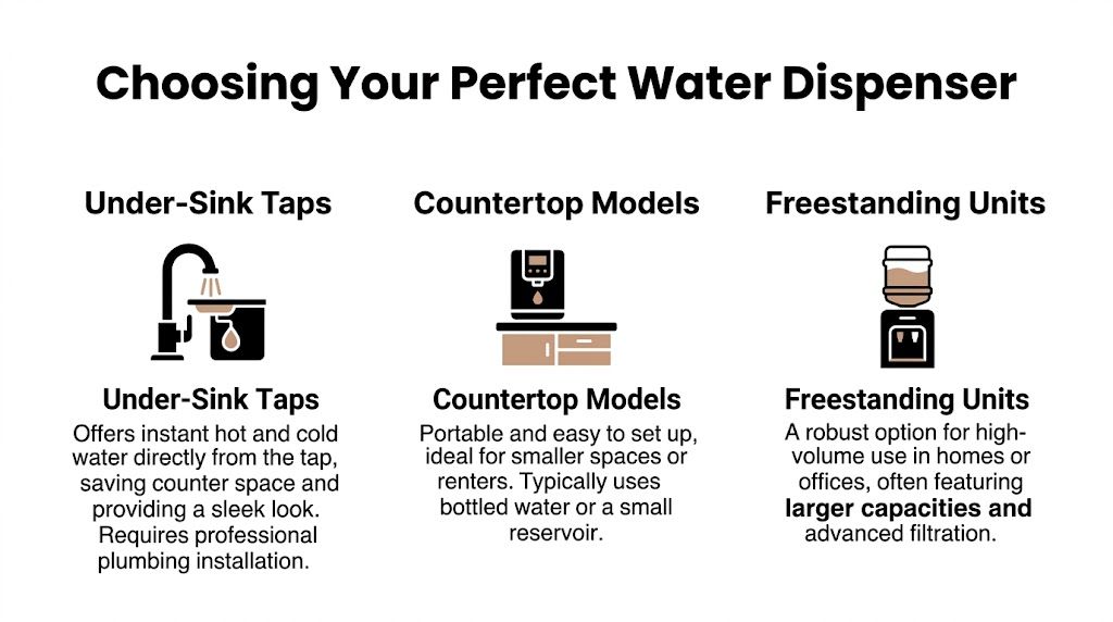 A helpful guide illustrating the differences between under-sink taps, countertop models, and freestanding water dispenser units.
