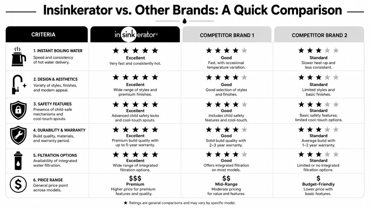 A comparison chart showing InSinkErator versus other brands across six criteria including boiling water speed, design, and safety.