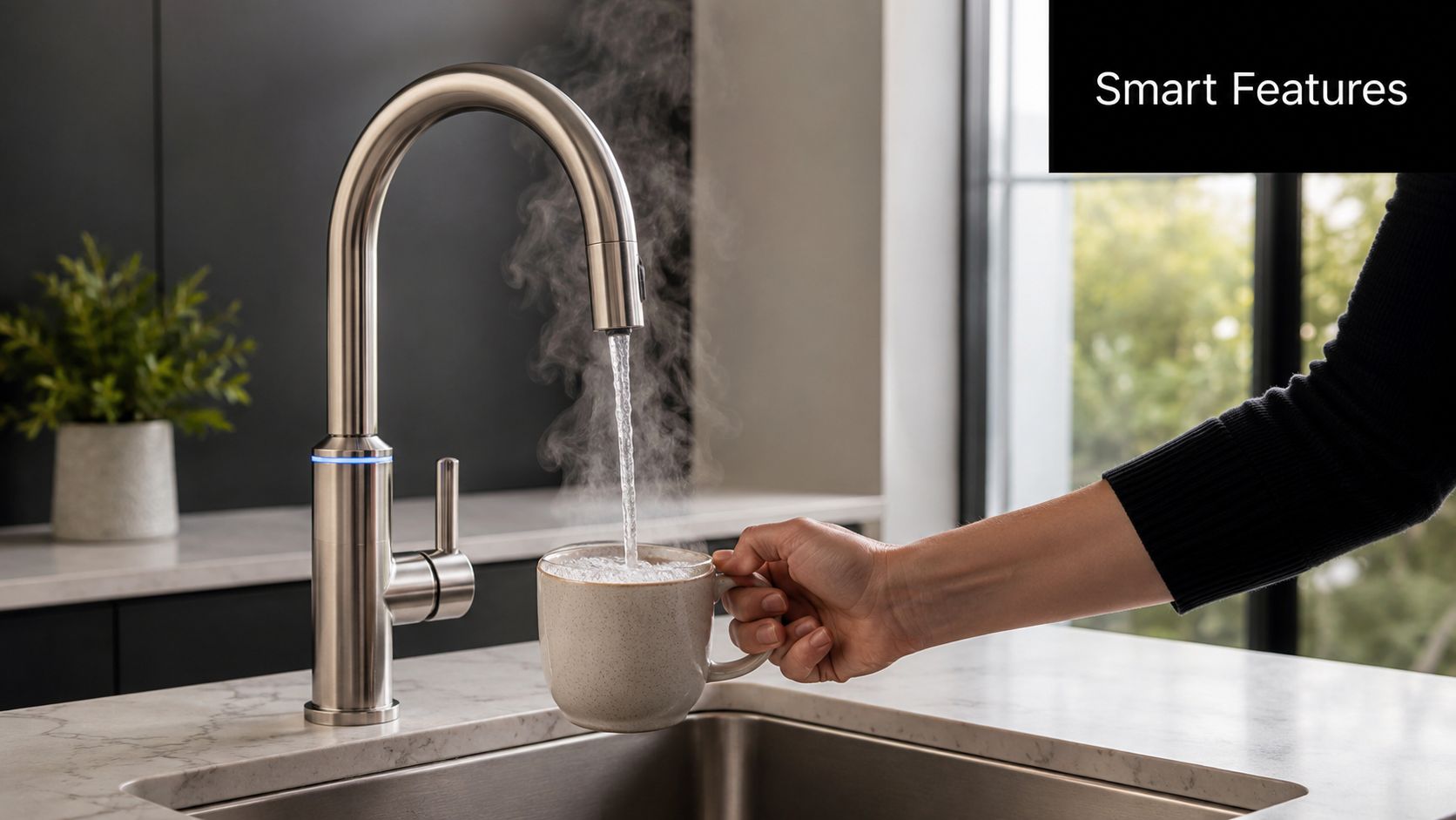 A person fills a mug with steaming hot water from a modern InSinkErator boiling water tap.