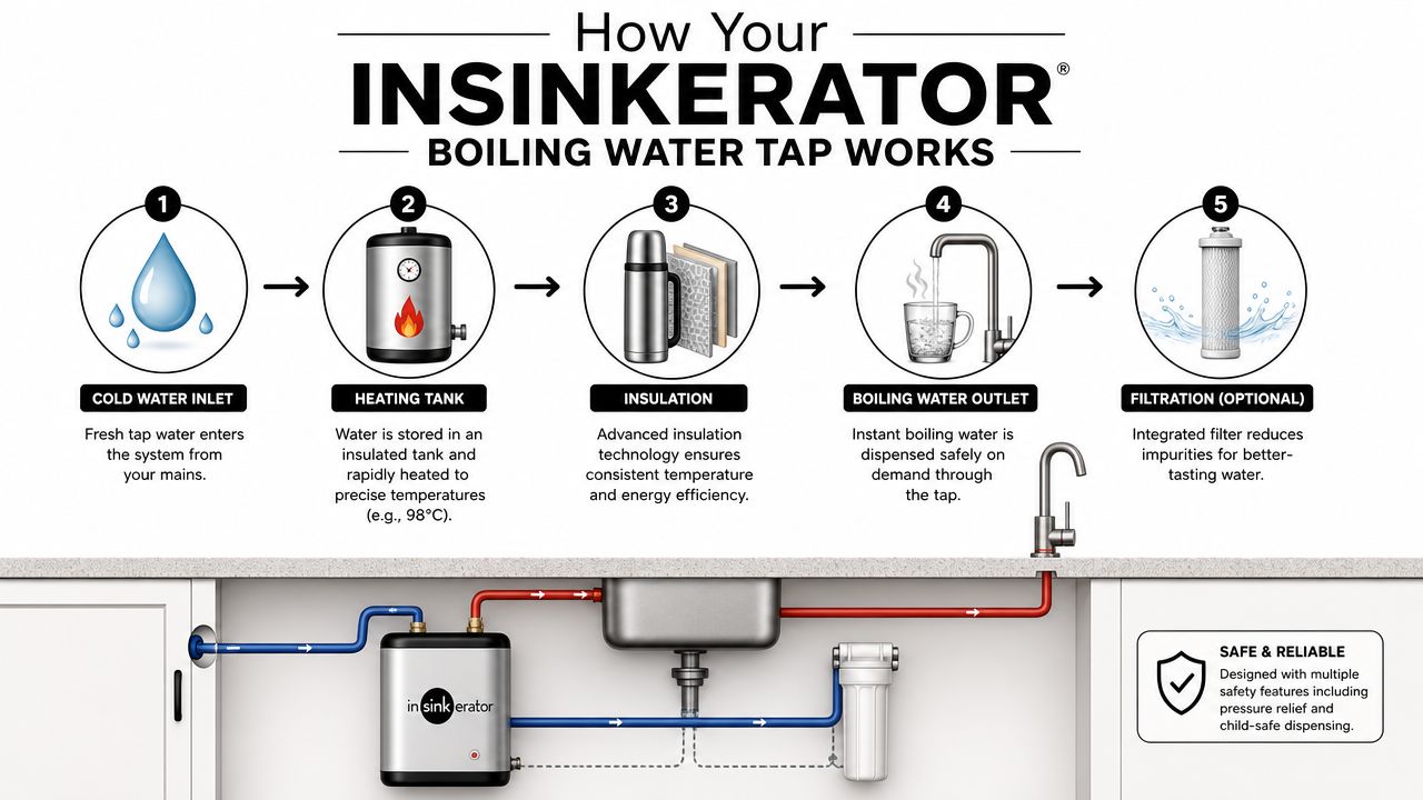 An infographic showing the five-step process of how an InSinkErator boiling water tap works under the sink.