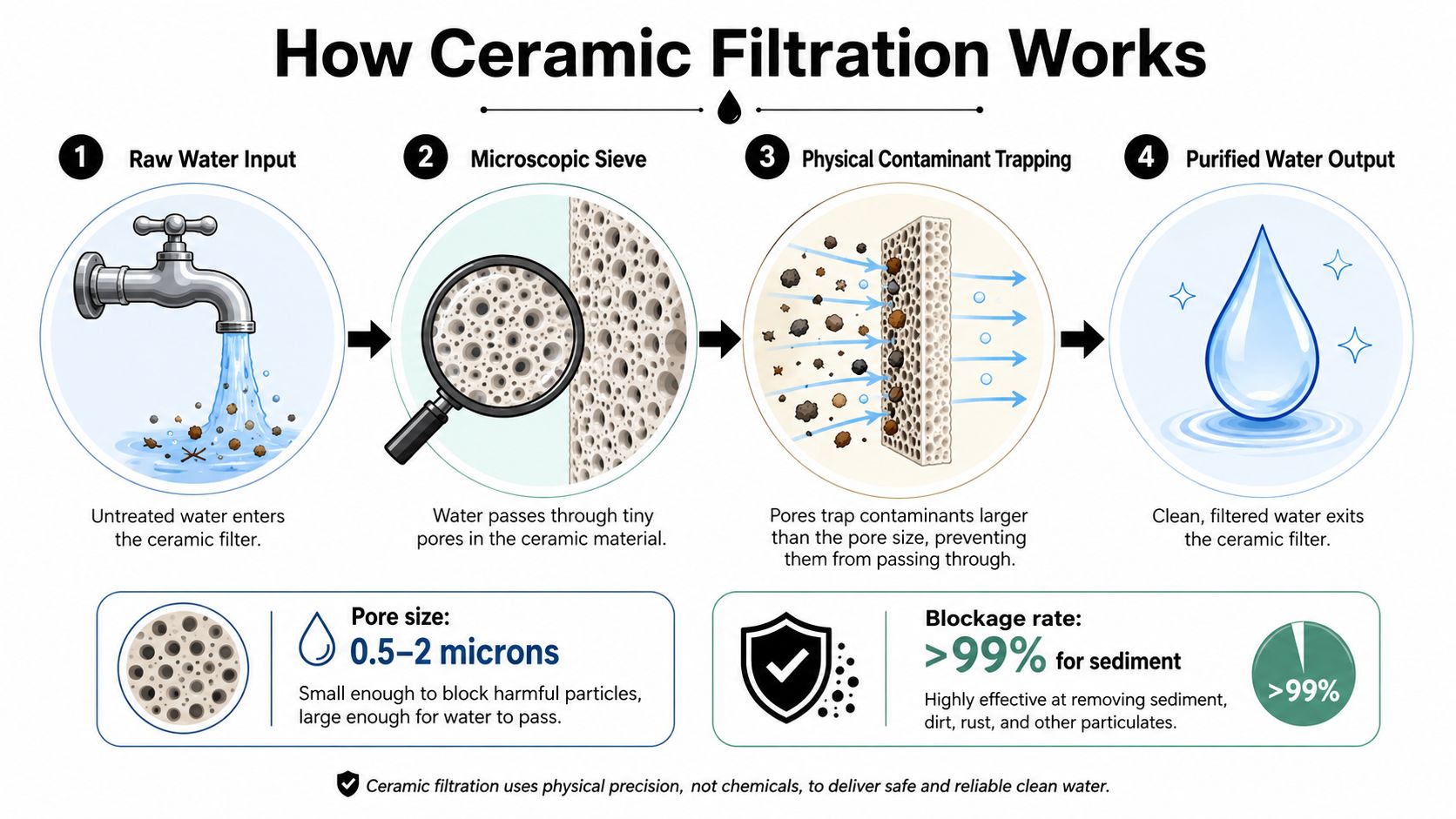 A diagram illustrating the four steps of how a ceramic water filtration system removes impurities from water.