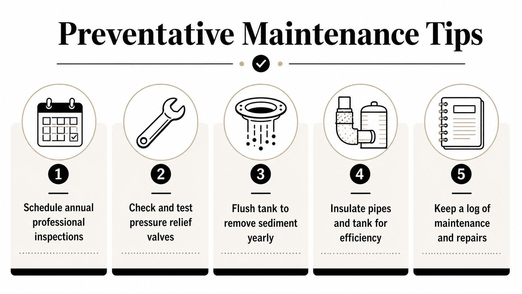 A list of five essential preventative maintenance tips for water heaters to ensure safety and efficiency.