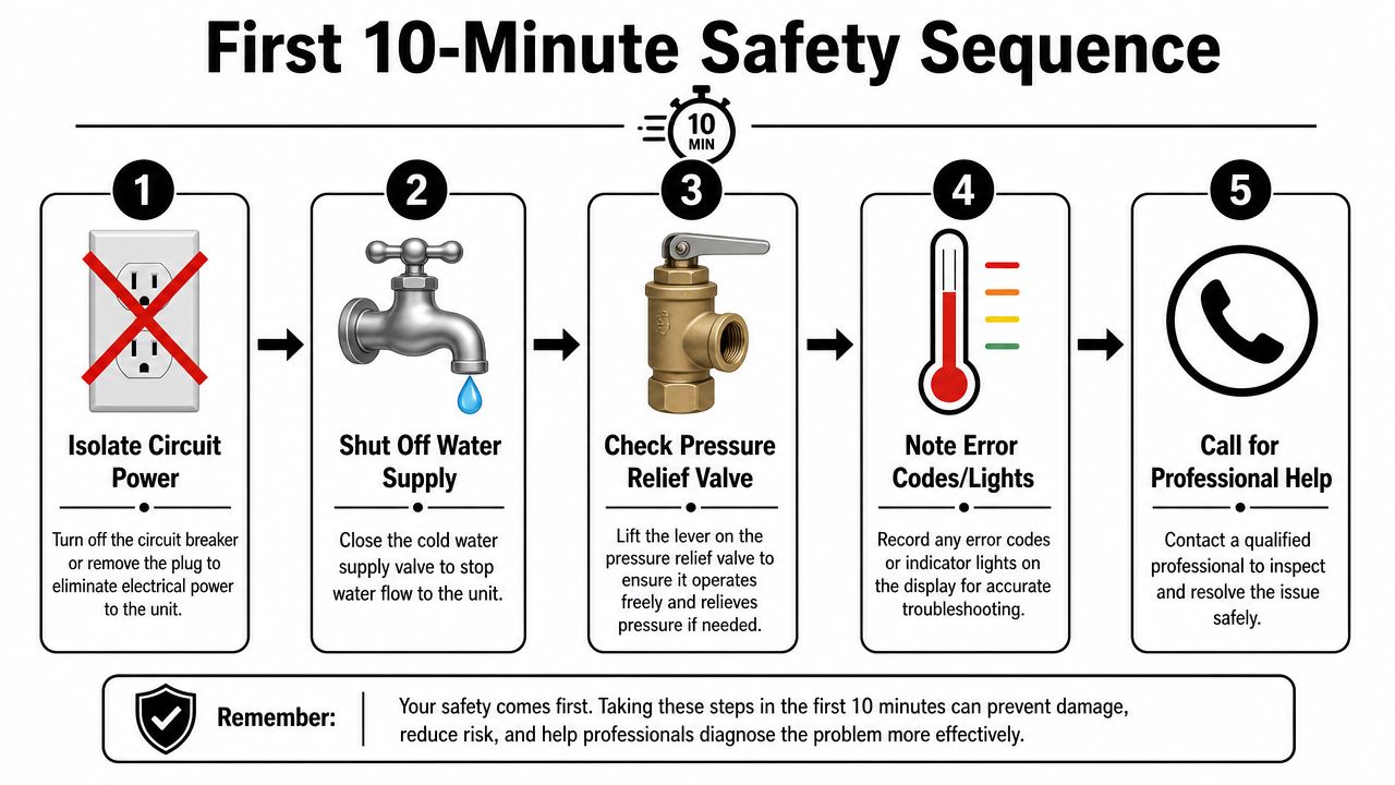 A five-step emergency safety sequence for water heater issues involving power, water, pressure, error codes, and professional help.