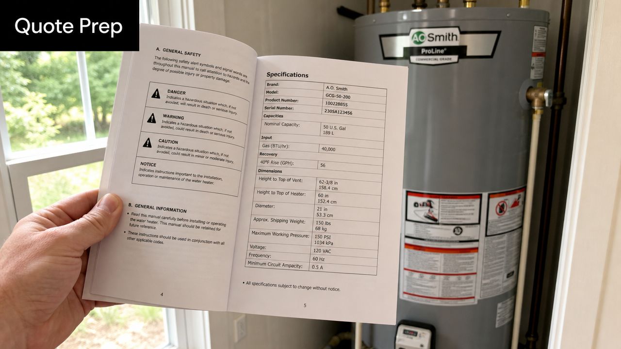 A technician holds a water heater manual next to a grey AO Smith ProLine commercial water heater.