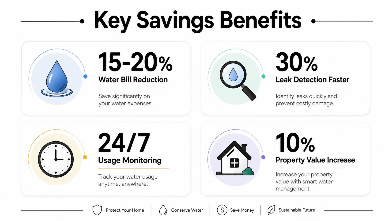 An infographic showing four key benefits of a smart water meter including cost savings, leak detection and monitoring.