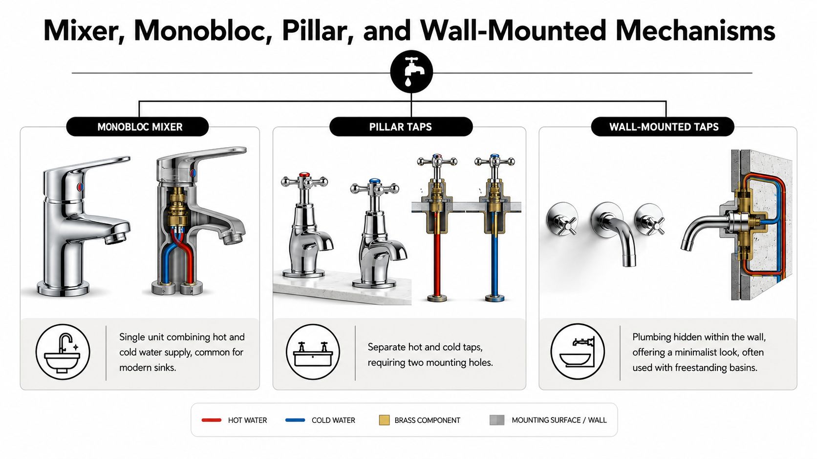 A diagram comparing monobloc mixer, pillar taps, and wall-mounted tap mechanisms for bathroom and kitchen sinks.