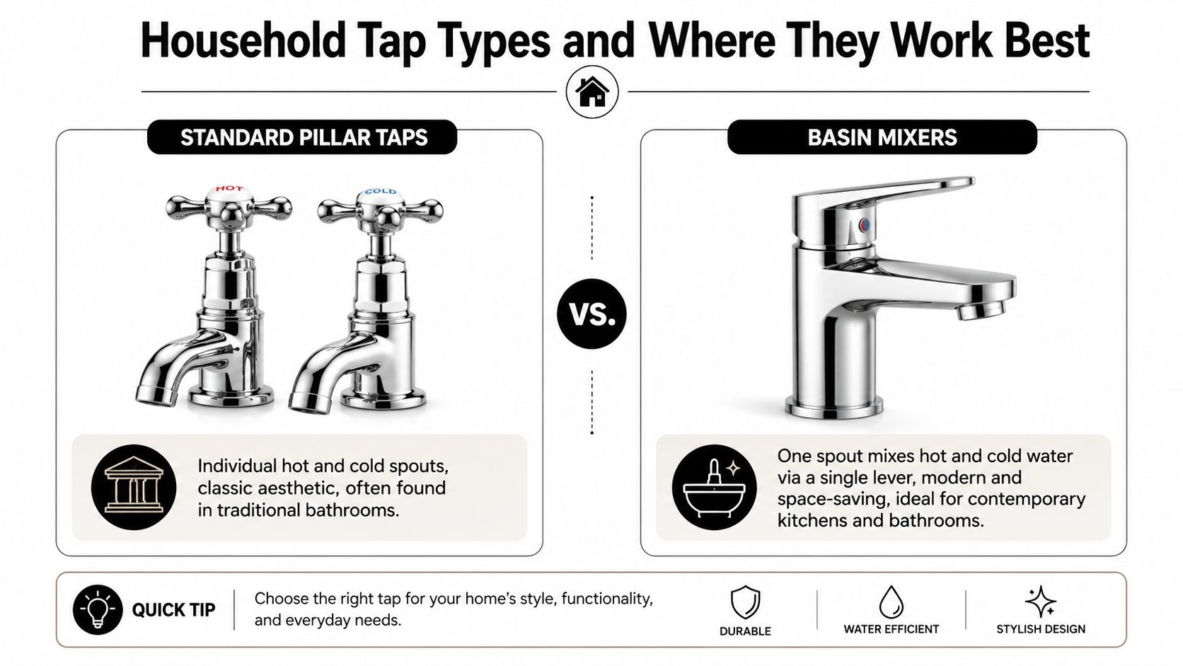 A comparison graphic showing traditional pillar taps next to a modern single lever basin mixer tap.