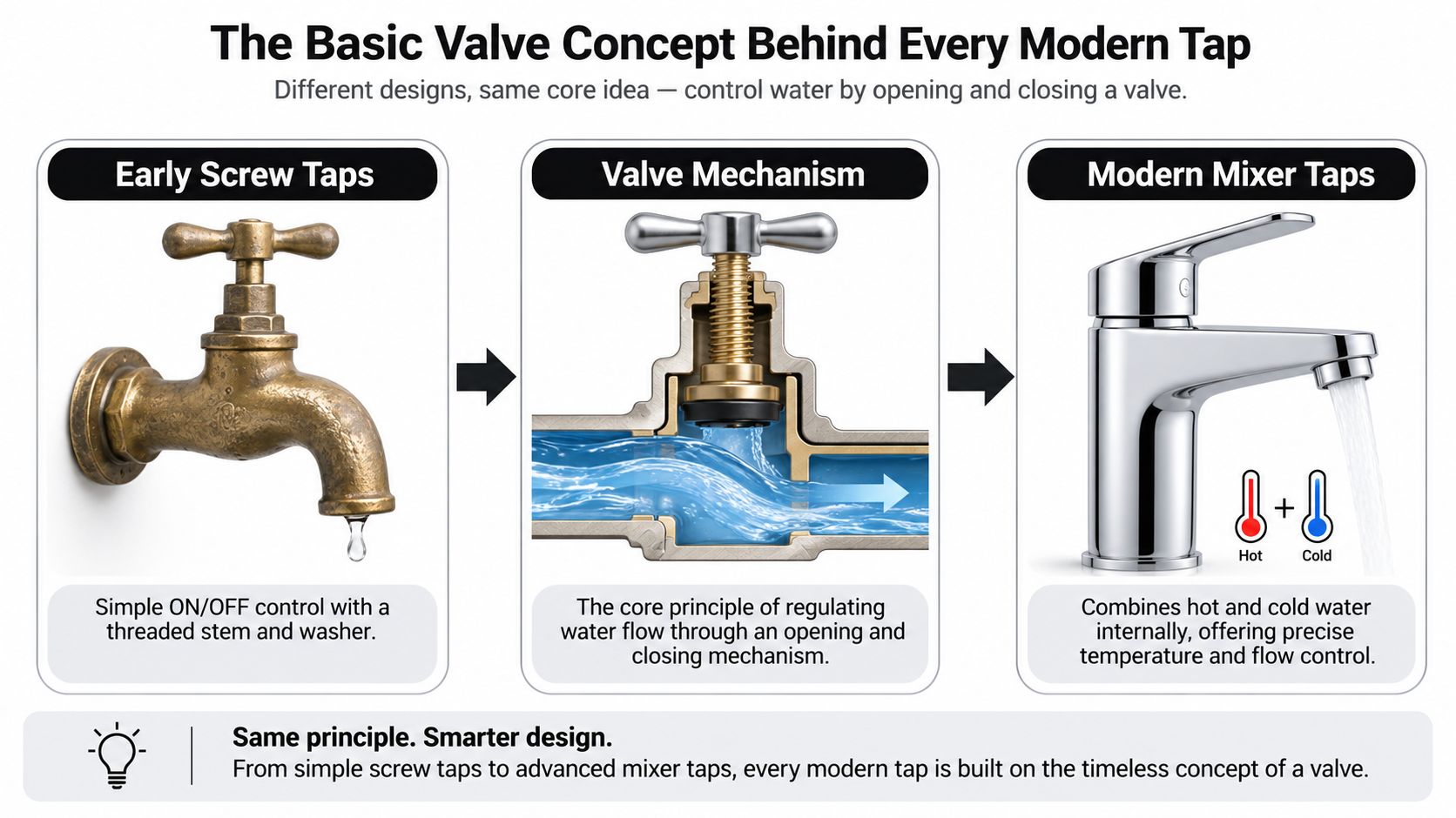An infographic illustrating the valve mechanism concept used in both early screw taps and modern mixer taps.