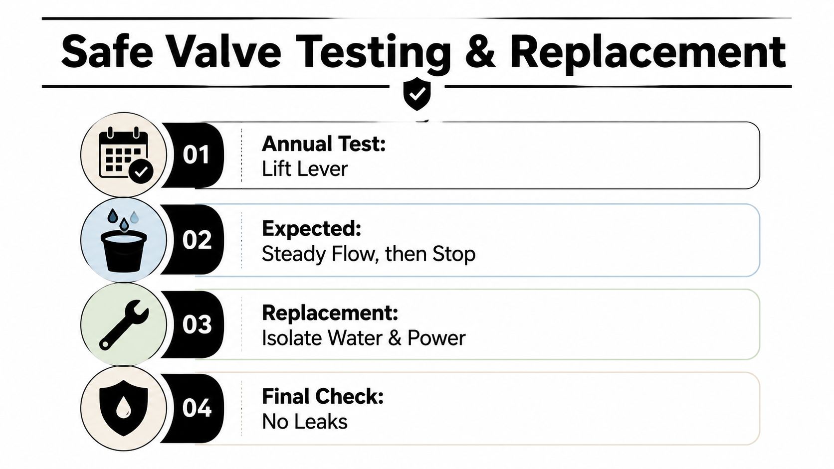 A safety infographic showing four steps for testing and replacing an under sink water heater pressure relief valve.