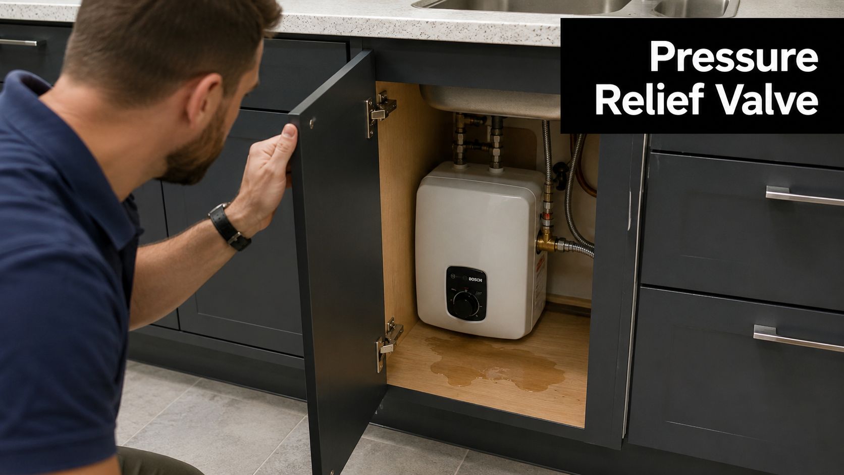 A technician inspecting an under sink water heater displaying a leaking pressure relief valve in a kitchen.