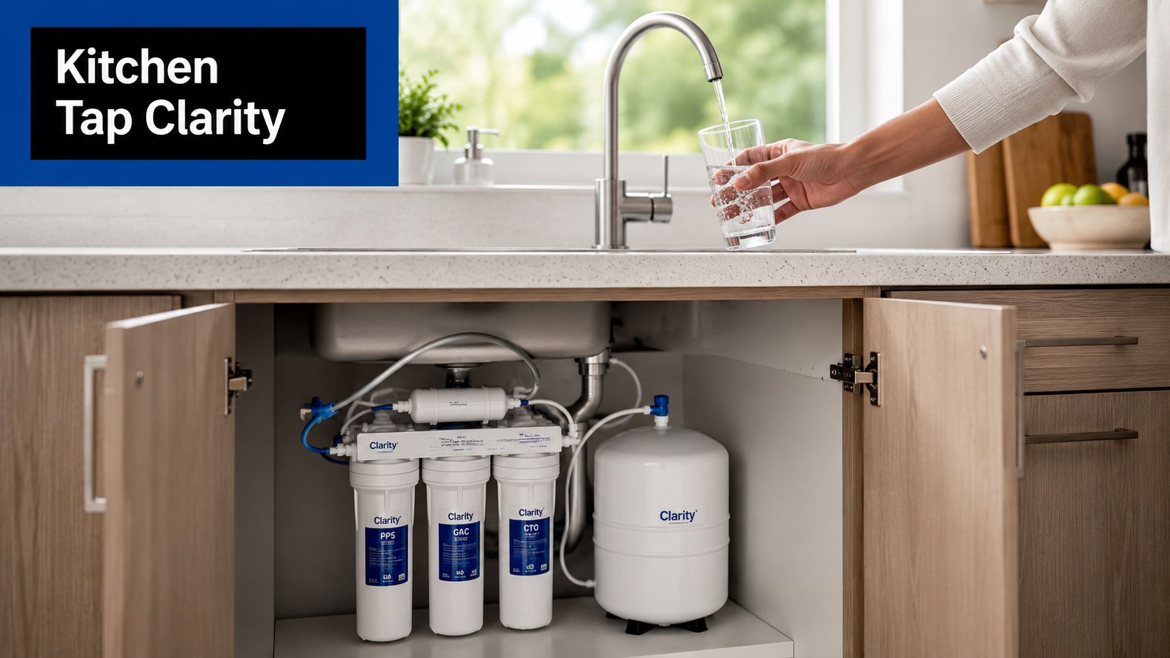 A person filling a glass of filtered water from a kitchen tap with an under-sink filtration system.