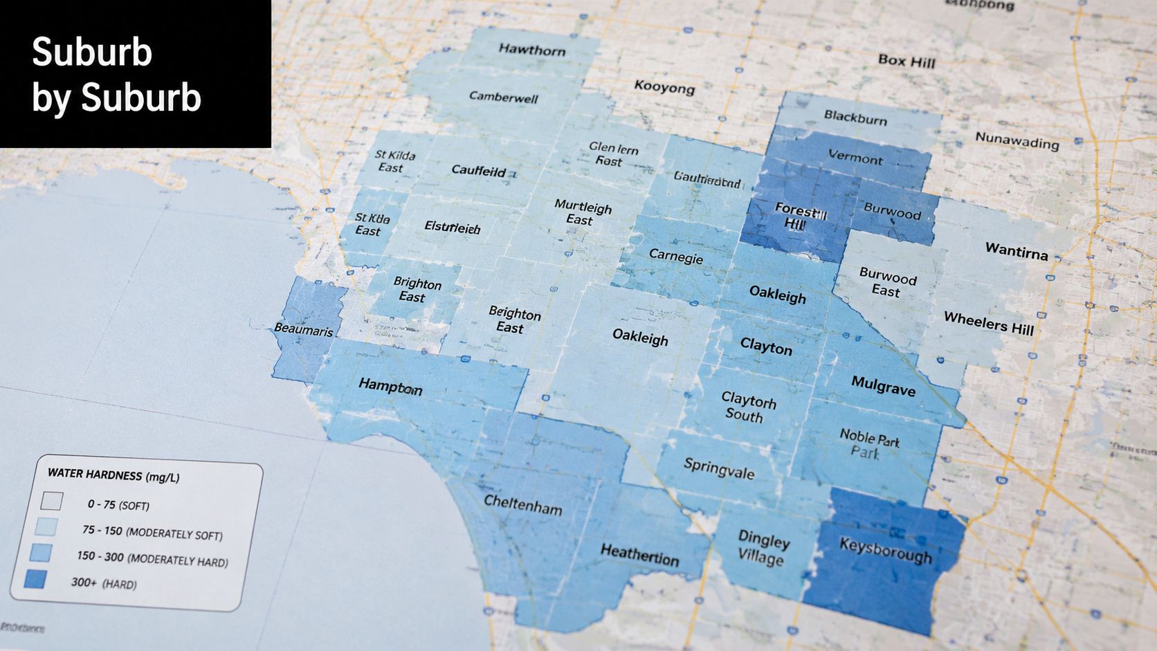 A map of Melbourne suburbs colored by water hardness levels according to a provided index legend.