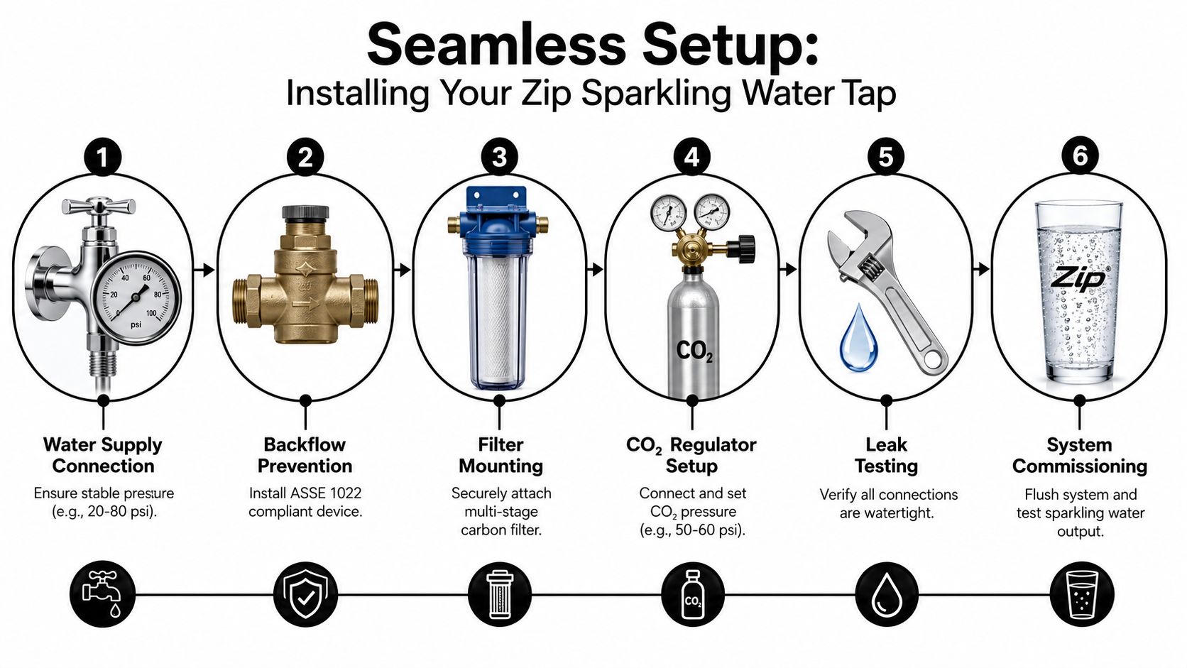 A six-step instructional diagram for installing a Zip sparkling water tap system in a residential kitchen.