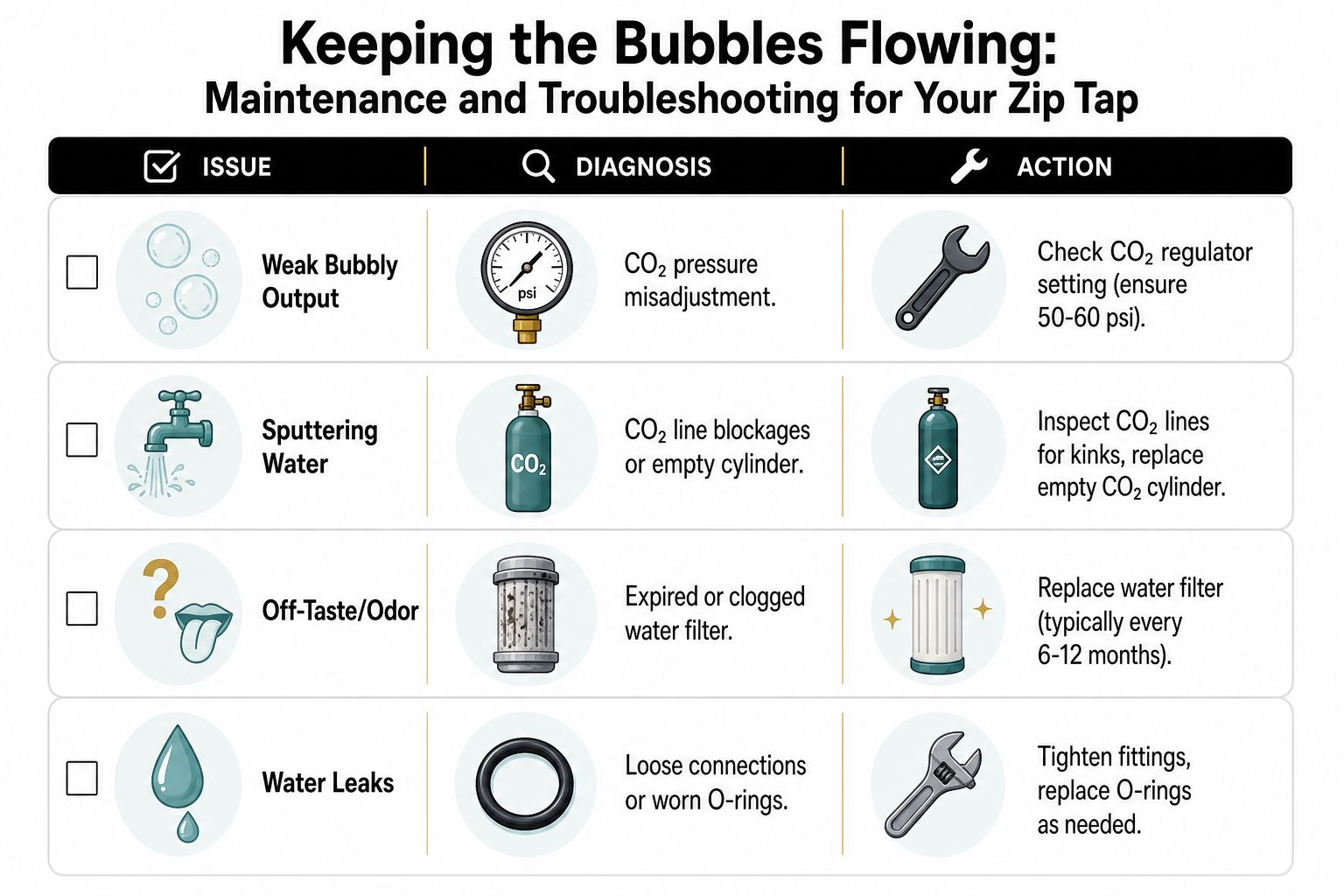 A troubleshooting infographic for Zip Tap systems showing issues like weak bubbles, sputtering, bad taste, and leaks.