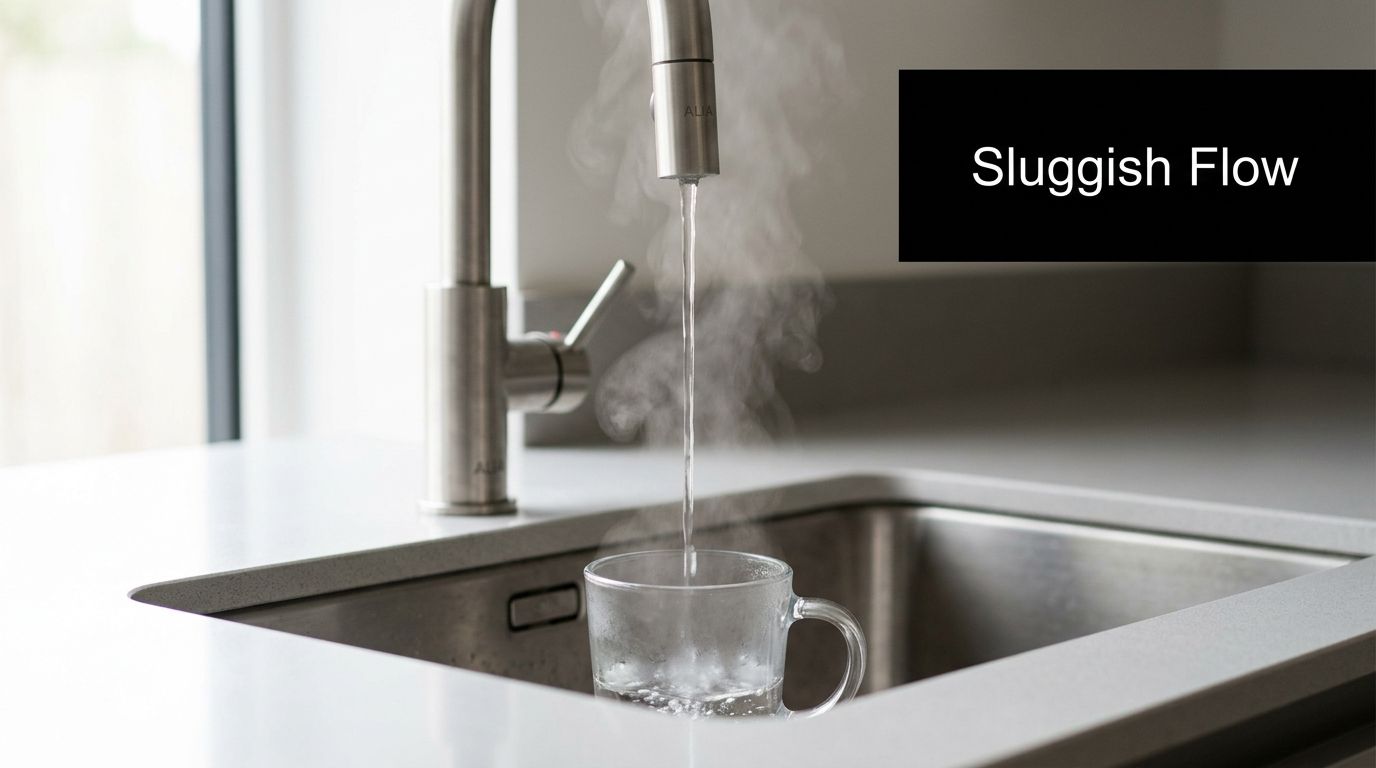 A modern kitchen faucet pouring hot steaming water into a clear glass mug on a sink counter.
