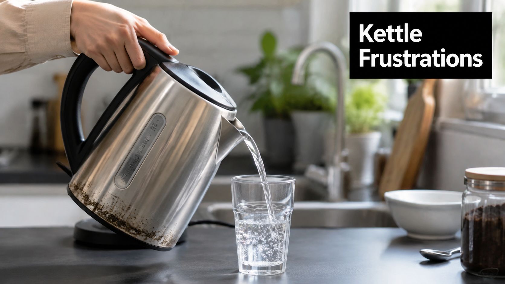 A person pouring water from a stainless steel electric kettle into a glass on a kitchen counter.