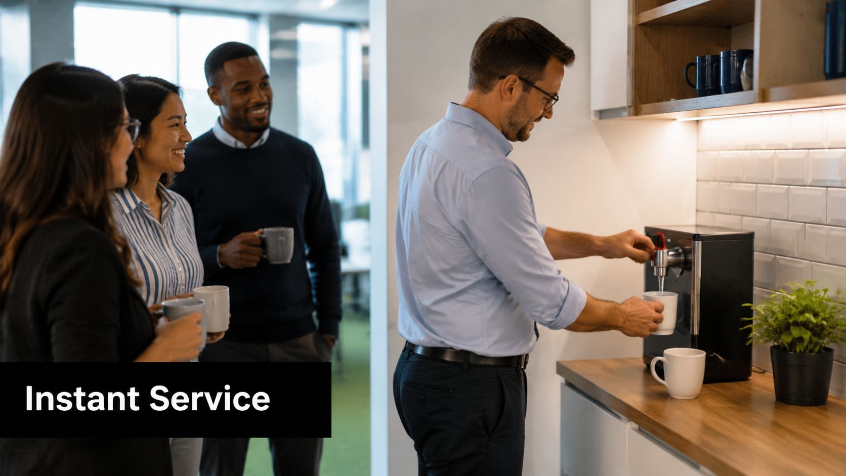 A professional man uses an Alia X51 Sparkling Filtered Water Tap while coworkers wait nearby with mugs.