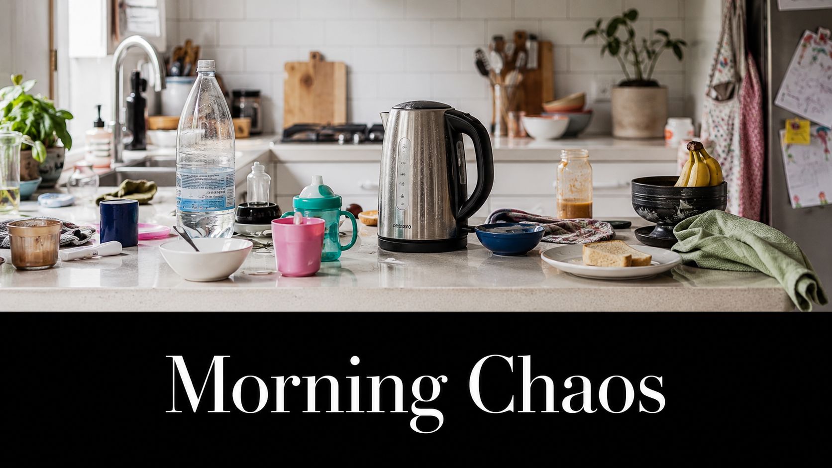 A cluttered kitchen counter featuring a metal electric kettle, water bottle, and various breakfast items after eating.