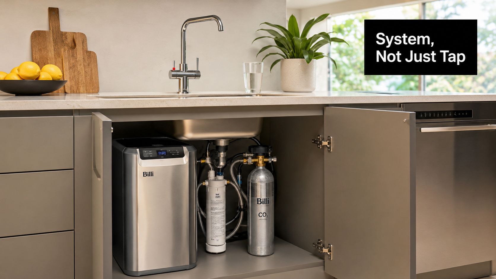 A Billi under-sink water filtration and heating system with a modern chrome tap in a kitchen cabinet.