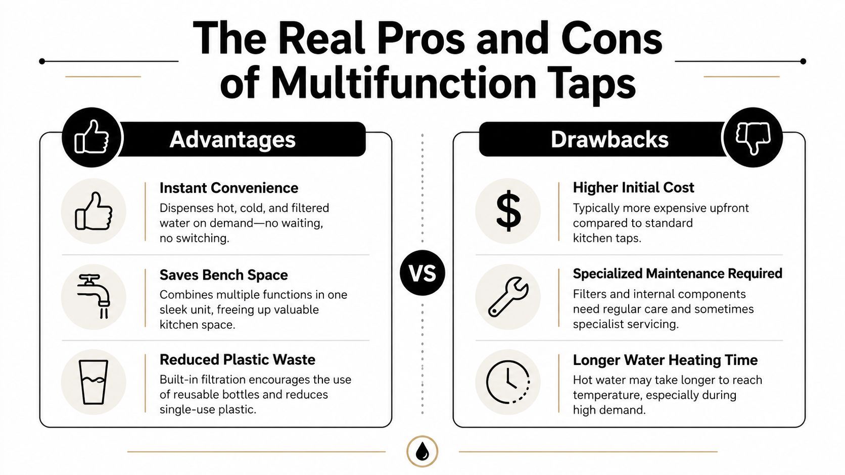 An infographic comparing the pros and cons of using kitchen multifunction water taps for homeowners.