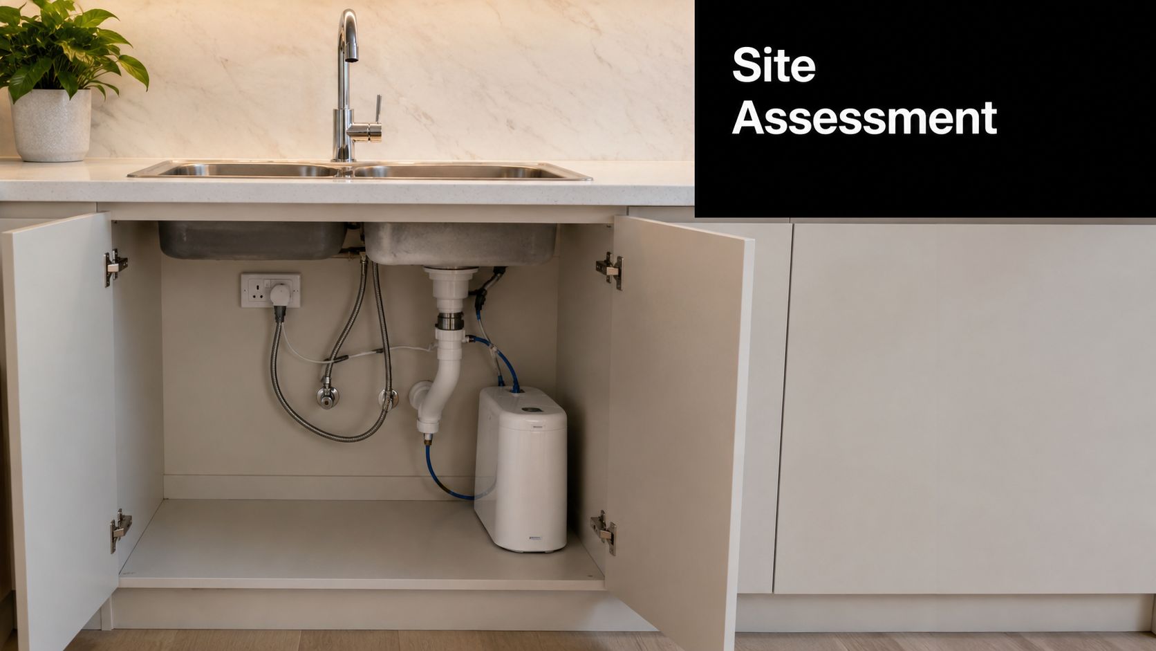 Under-sink area showing a boiling and sparkling water system installed beneath a modern kitchen countertop.