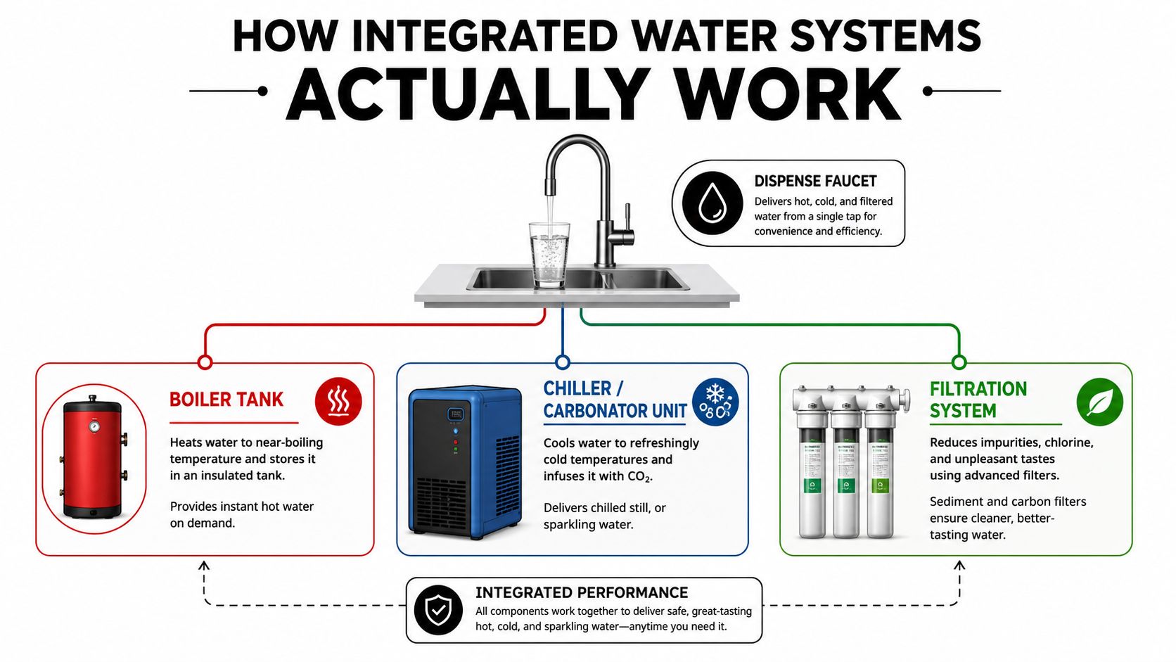A diagram illustrating the components of an integrated water system including boiler tank, chiller, and filtration system.