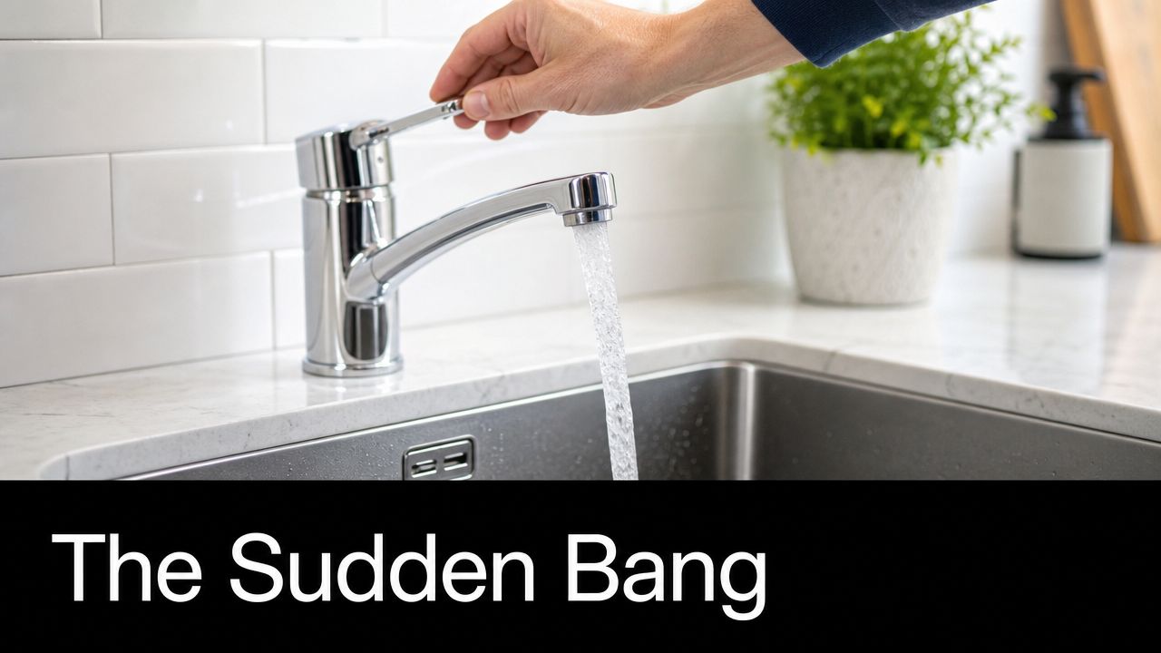 A hand adjusts a kitchen faucet while water flows, related to the phenomenon of water hammer effect.