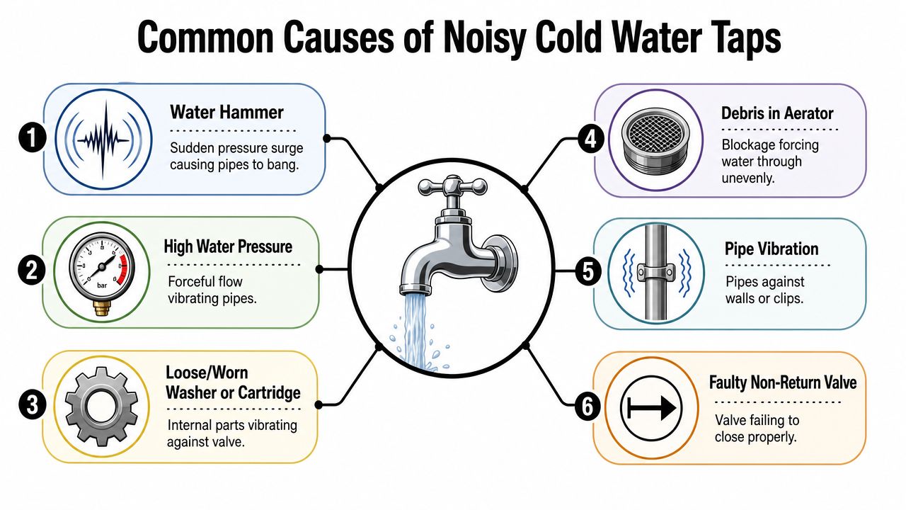 A diagram illustrating six common causes of noisy cold water taps, including pressure issues and mechanical faults.